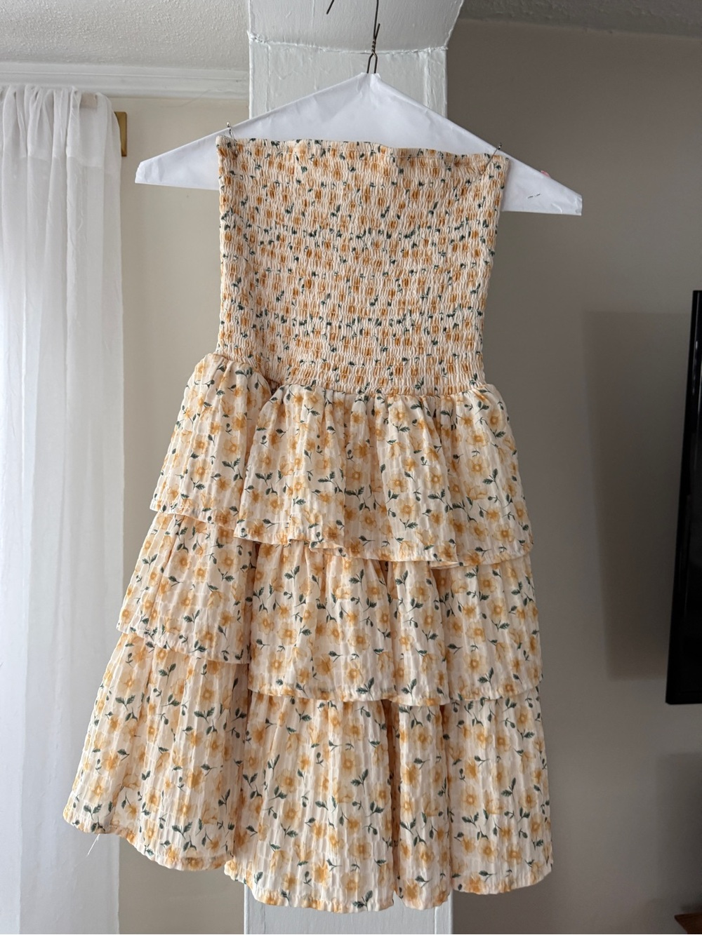 Windsor Yellow Floral Strapless Smocked Tiered Mini Dress Size S
